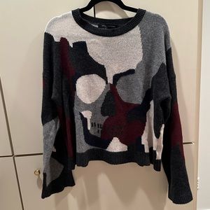 Gray white navy maroon Skull Cashmere sweater crew neck with bell sleeves
